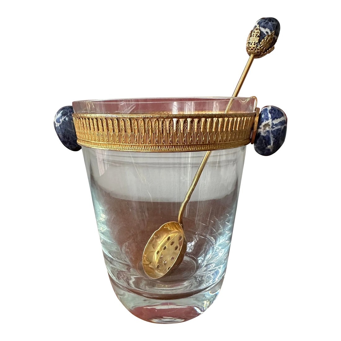Rare French Crystal Ice Bucket Gilt Mounted, Lapis Stone Handles Attributed to Baccarat: A distinctive and highly unusual Baccarat crystal and gilt mounted ice bucket with lapis (?) handles and accompanying gold plated slotted ladle. I could only find 2 other examples of this ice bucket,