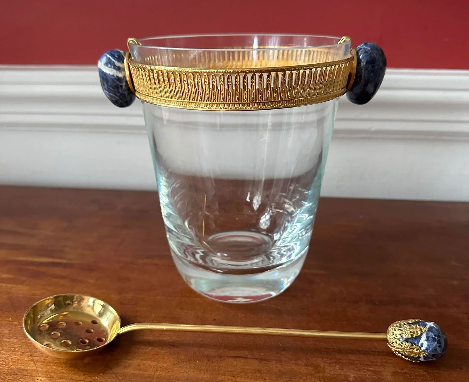 Rare French Crystal Ice Bucket Gilt Mounted, Lapis Stone Handles Attributed to Baccarat - 2