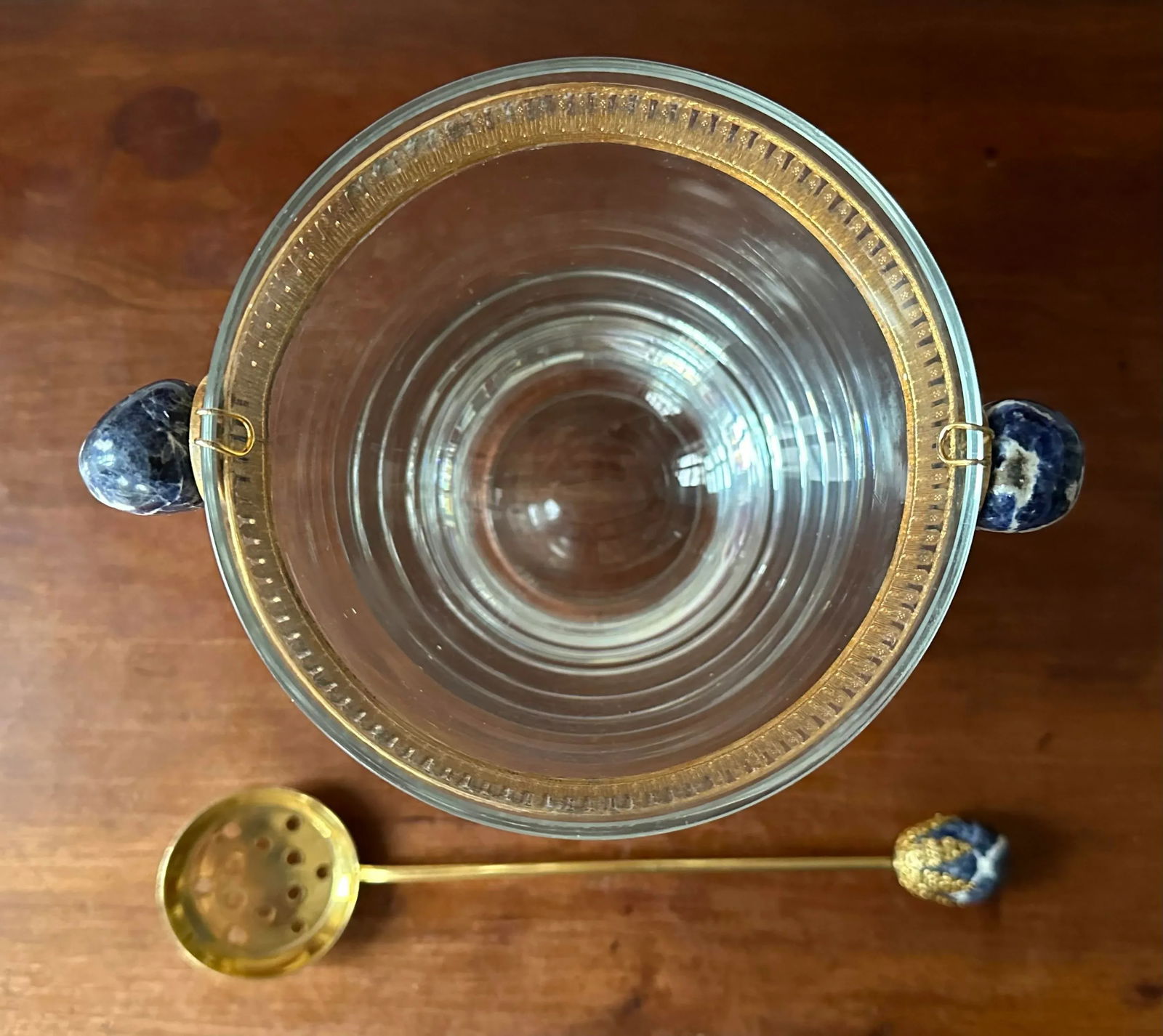 Rare French Crystal Ice Bucket Gilt Mounted, Lapis Stone Handles Attributed to Baccarat - 3