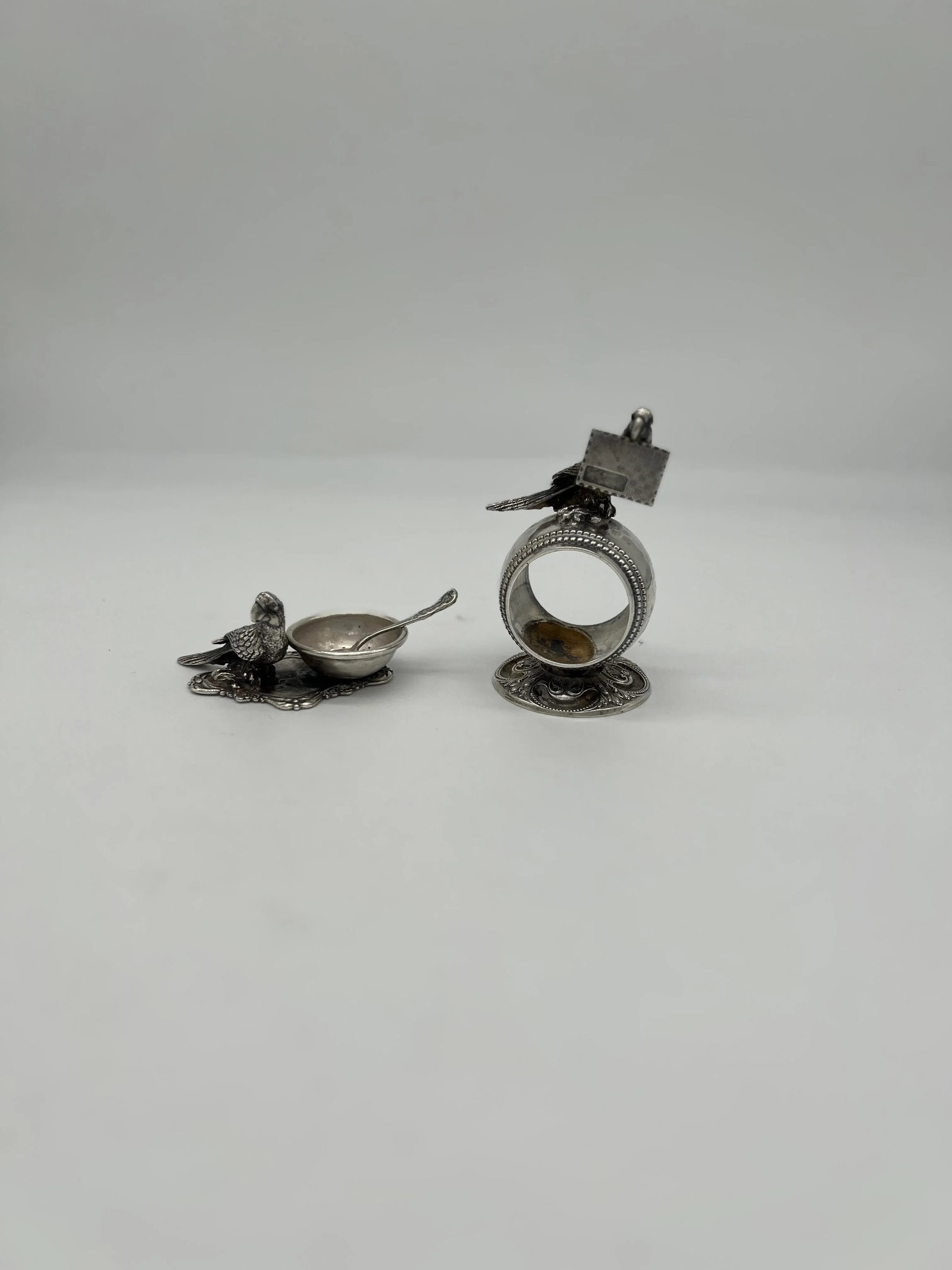 Antique Parrot Form Silver Plated Table Accessory Set - Napkin Ring + Salt Dish - 6