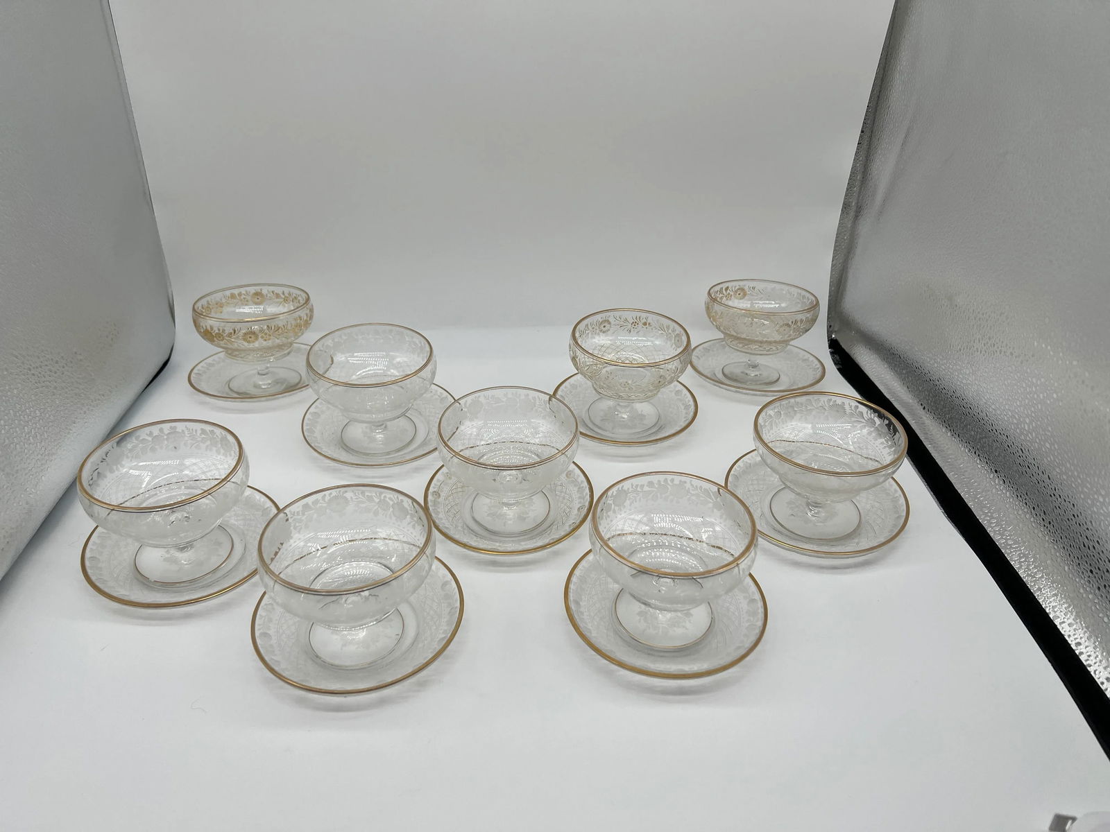 18 Pc, Antique Foliate & Gilt Acid Etched Champagne Coupe & Under Plate Set - 2