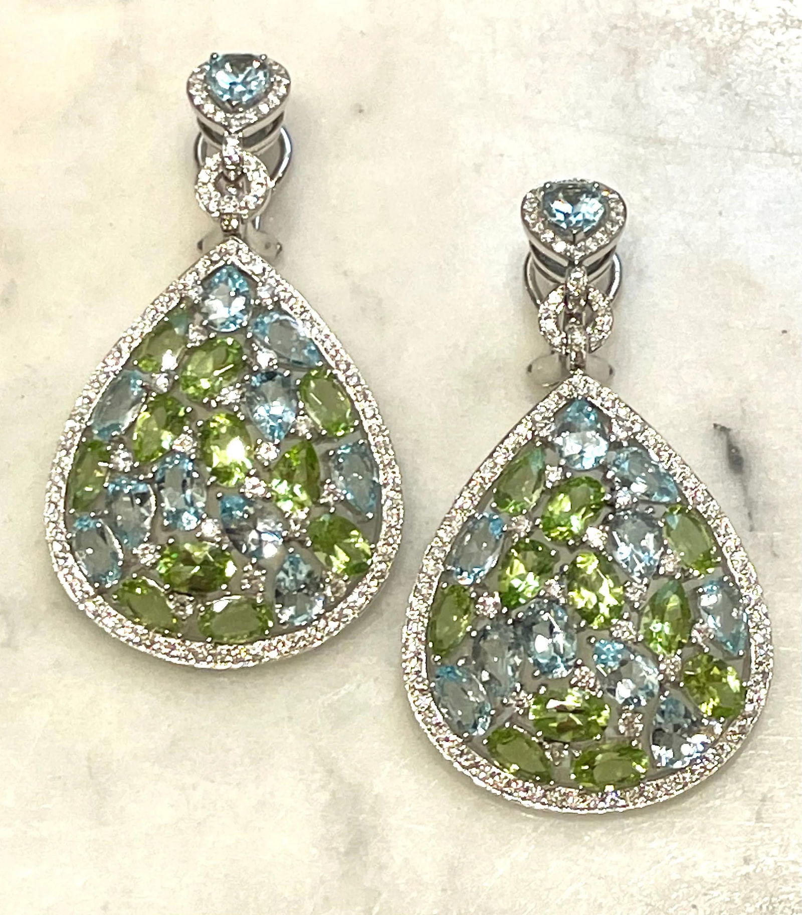 Pair of Bucherer Gold Diamond Topaz Peridot Drop Earrings - 2