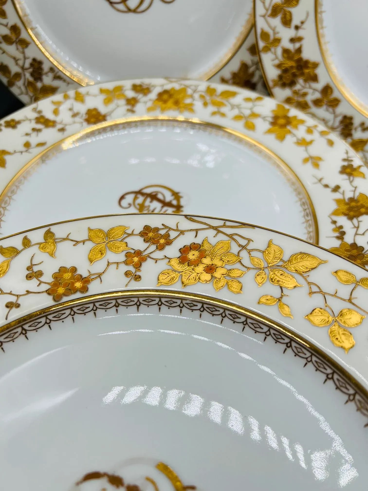 (10) Ten Fischer & Mieg Pirkenhammer Gilt Vine Encrusted Porcelain Dinner Plates - 4