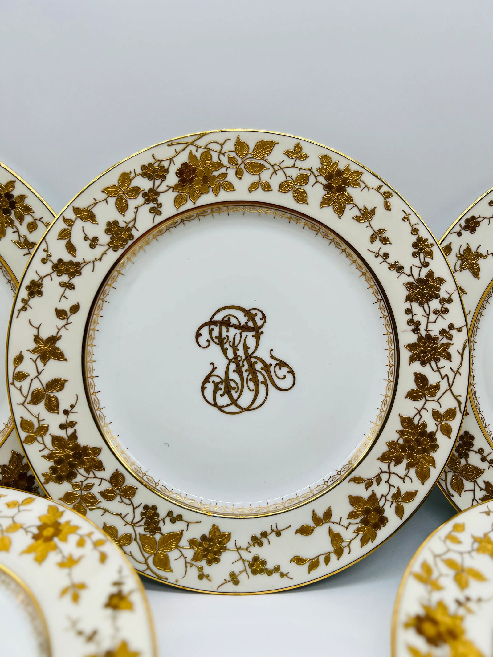 (10) Ten Fischer & Mieg Pirkenhammer Gilt Vine Encrusted Porcelain Dinner Plates - 7