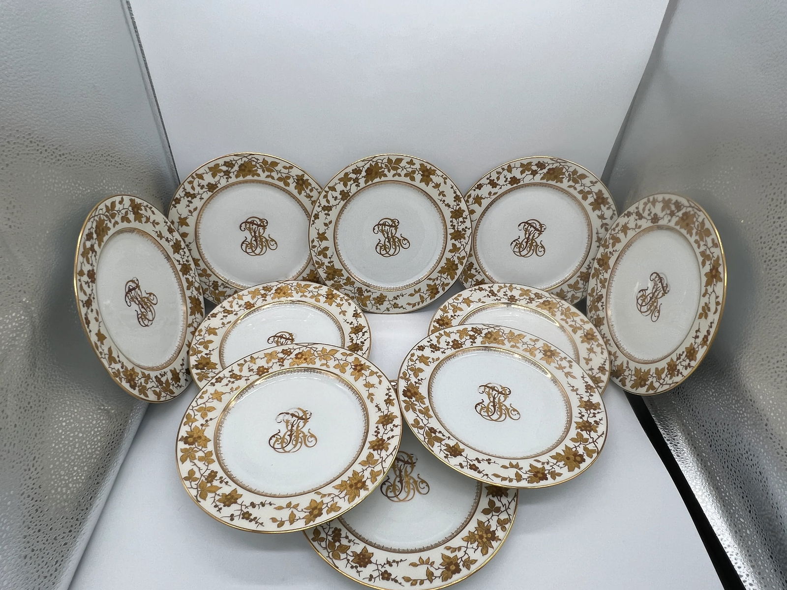 (10) Ten Fischer & Mieg Pirkenhammer Gilt Vine Encrusted Porcelain Dinner Plates - 8