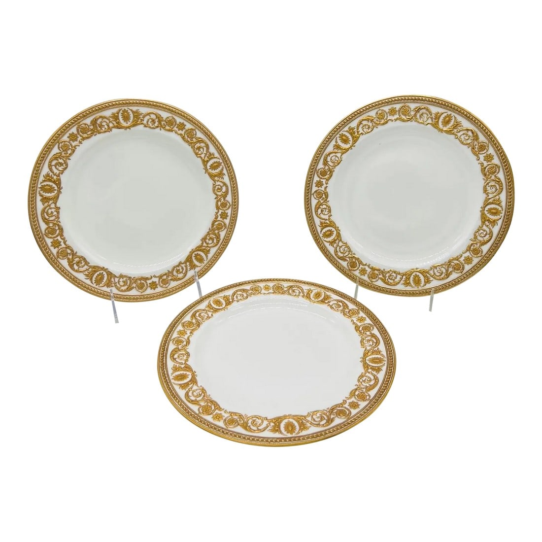 (3) Three Wedgwood Porcelain 9" Heavily Gilt Decorated Plates Richard Briggs Co.: Wedgwood (English, founded 1759) for Richard Briggs Company (American, originally founded 1798-1946). A grouping of 3 Wedgwood for Richard Briggs & Company porcelain plates measuring 9" each. The plat