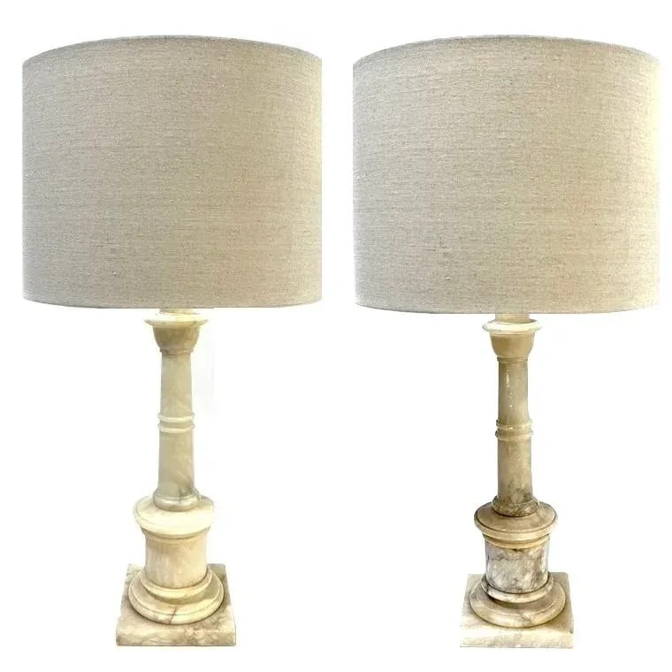 1950's Carved Alabaster Column Table Lamps - Pair - 12