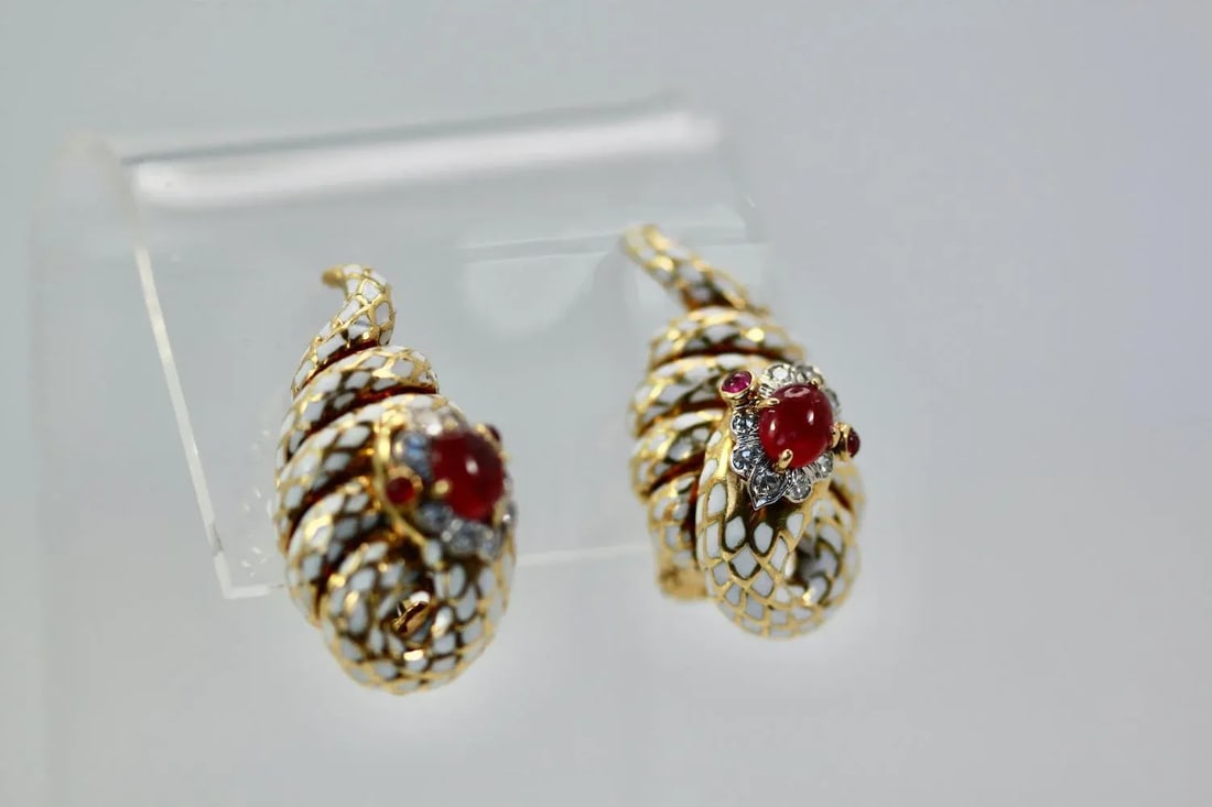 David Webb Enamel Ruby Diamond Snake Serpenti Earrings - 2 Pieces - 7