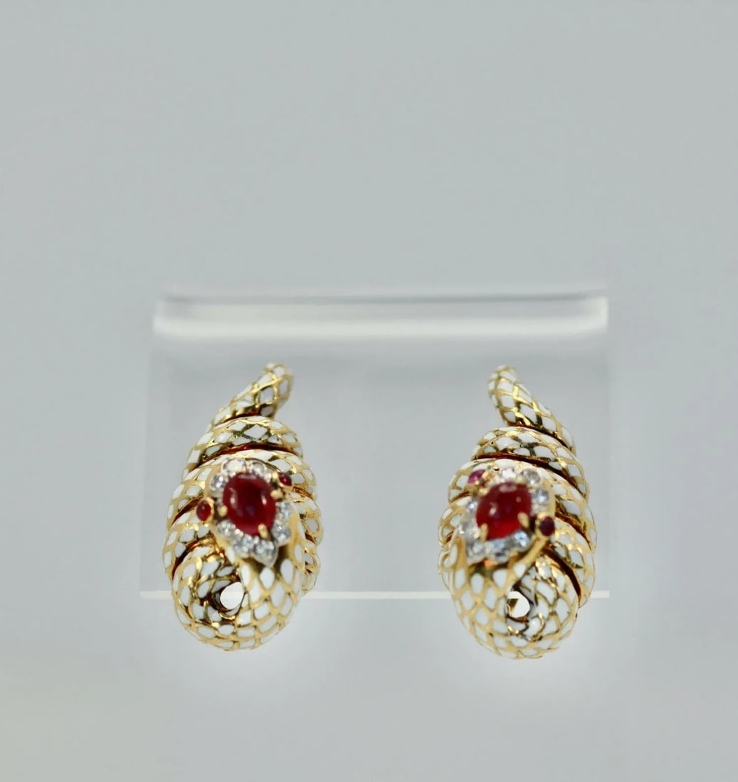 David Webb Enamel Ruby Diamond Snake Serpenti Earrings - 2 Pieces - 9