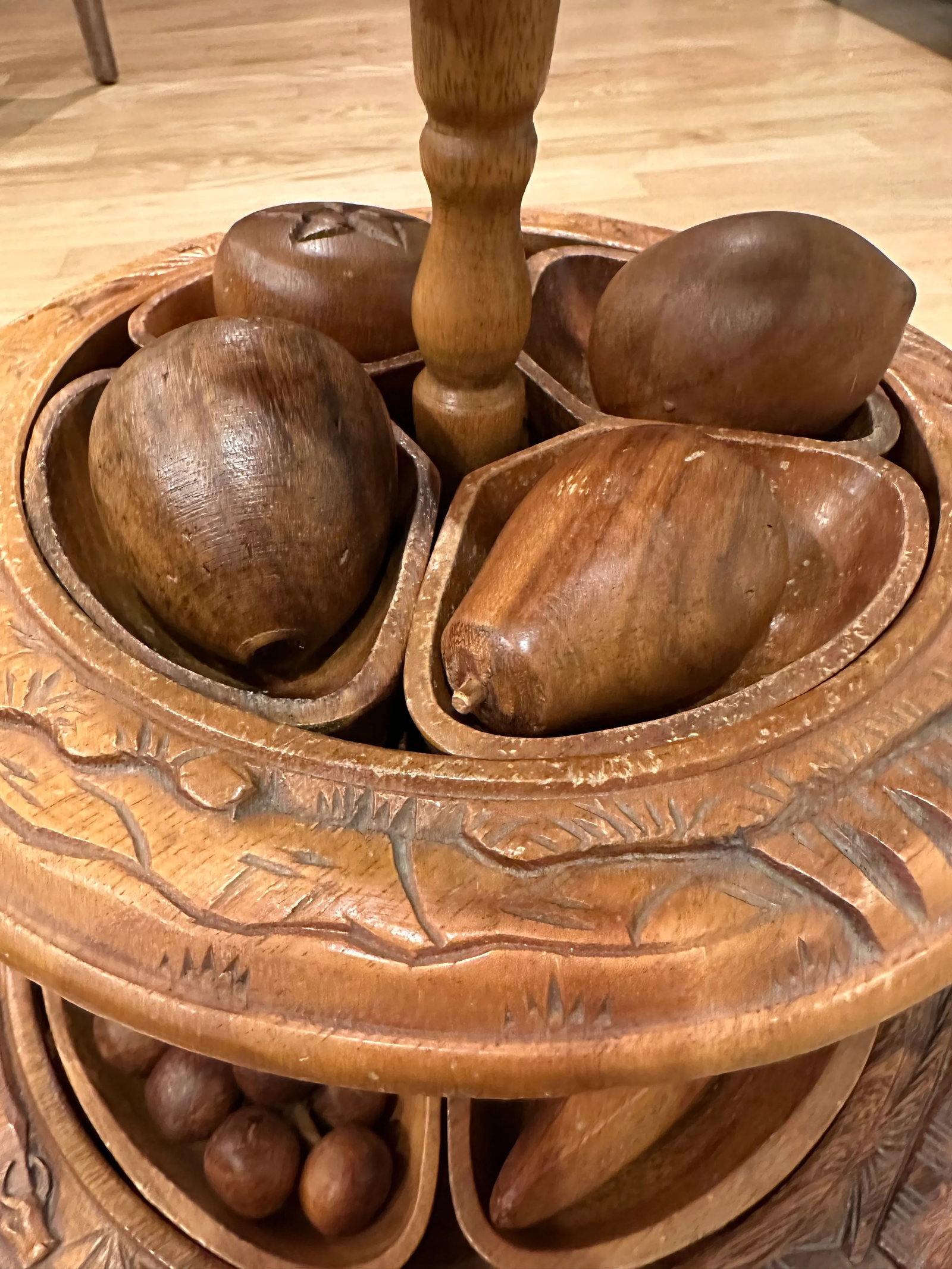 Mid-Century Modern Pineapple Topped Lazy Suzan Epergne Monkey Pod Wood and Decorative Fruit Set- 29 - 11