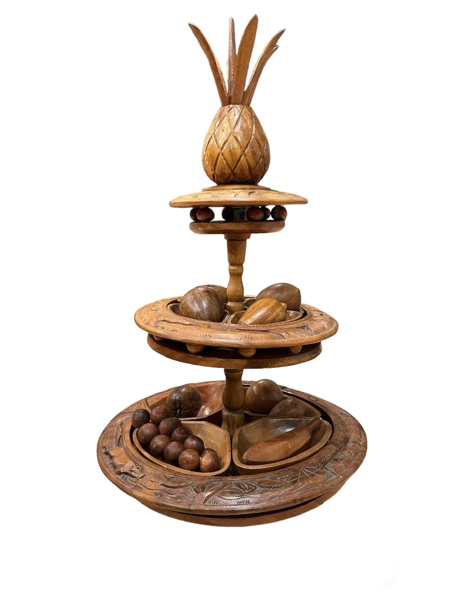 Mid-Century Modern Pineapple Topped Lazy Suzan Epergne Monkey Pod Wood and Decorative Fruit Set- 29 - 4