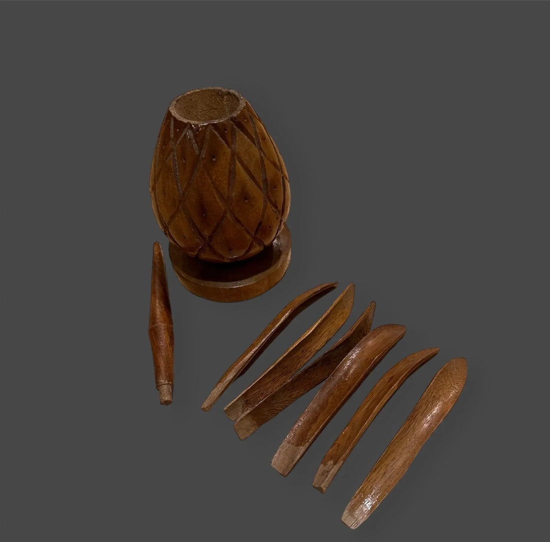 Mid-Century Modern Pineapple Topped Lazy Suzan Epergne Monkey Pod Wood and Decorative Fruit Set- 29 - 6