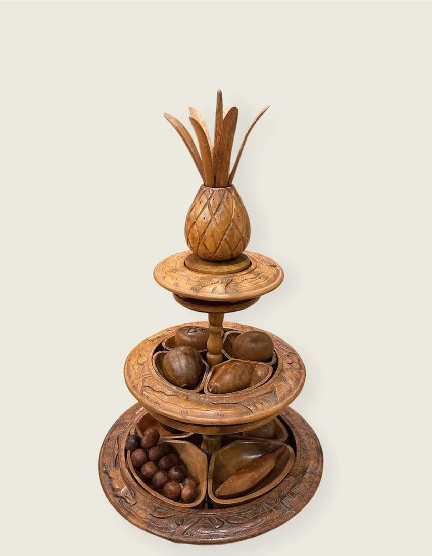 Mid-Century Modern Pineapple Topped Lazy Suzan Epergne Monkey Pod Wood and Decorative Fruit Set- 29 - 8