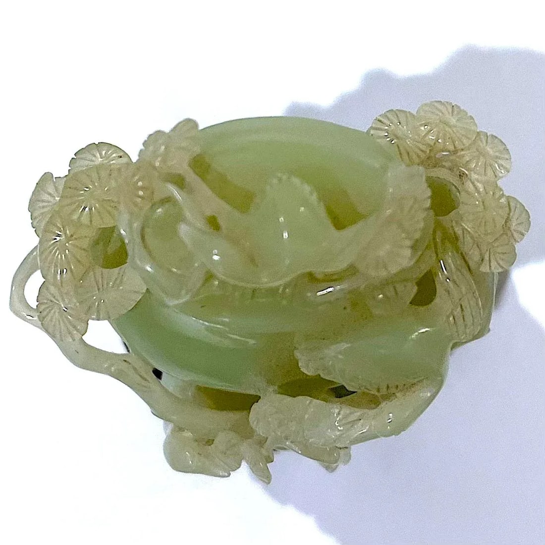 Vintage Carved Chinese Celadon Green Jade Lidded Jar/Vase - Custom Base - Presentation Box - 10