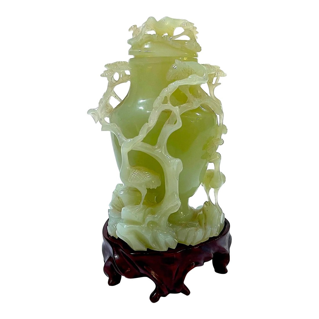 Vintage Carved Chinese Celadon Green Jade Lidded Jar/Vase - Custom Base - Presentation Box: Absolutely beautiful - this lidded jar/vase was hand-carved out of a solid block of green jade was purchased by a world traveler sometime in the mid-twentieth century. It features a delicately carved