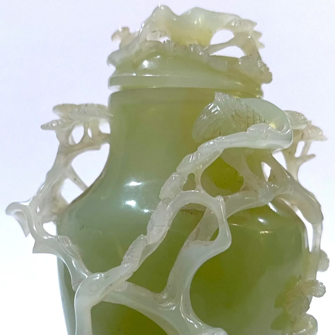 Vintage Carved Chinese Celadon Green Jade Lidded Jar/Vase - Custom Base - Presentation Box - 2