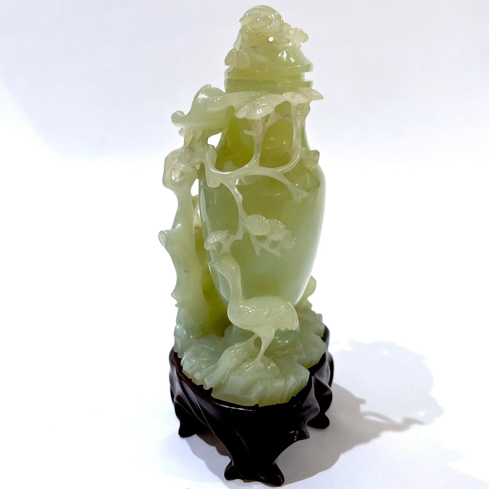 Vintage Carved Chinese Celadon Green Jade Lidded Jar/Vase - Custom Base - Presentation Box - 4