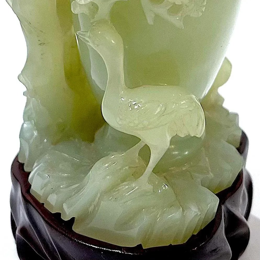 Vintage Carved Chinese Celadon Green Jade Lidded Jar/Vase - Custom Base - Presentation Box - 6