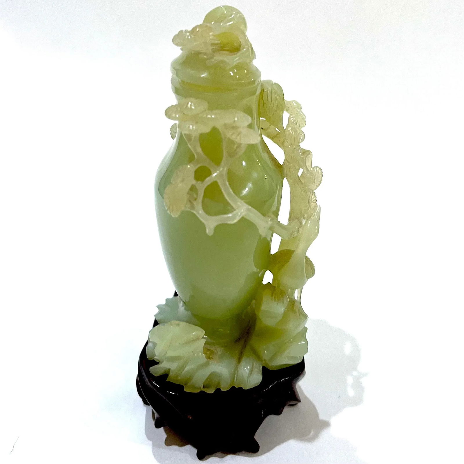 Vintage Carved Chinese Celadon Green Jade Lidded Jar/Vase - Custom Base - Presentation Box - 7