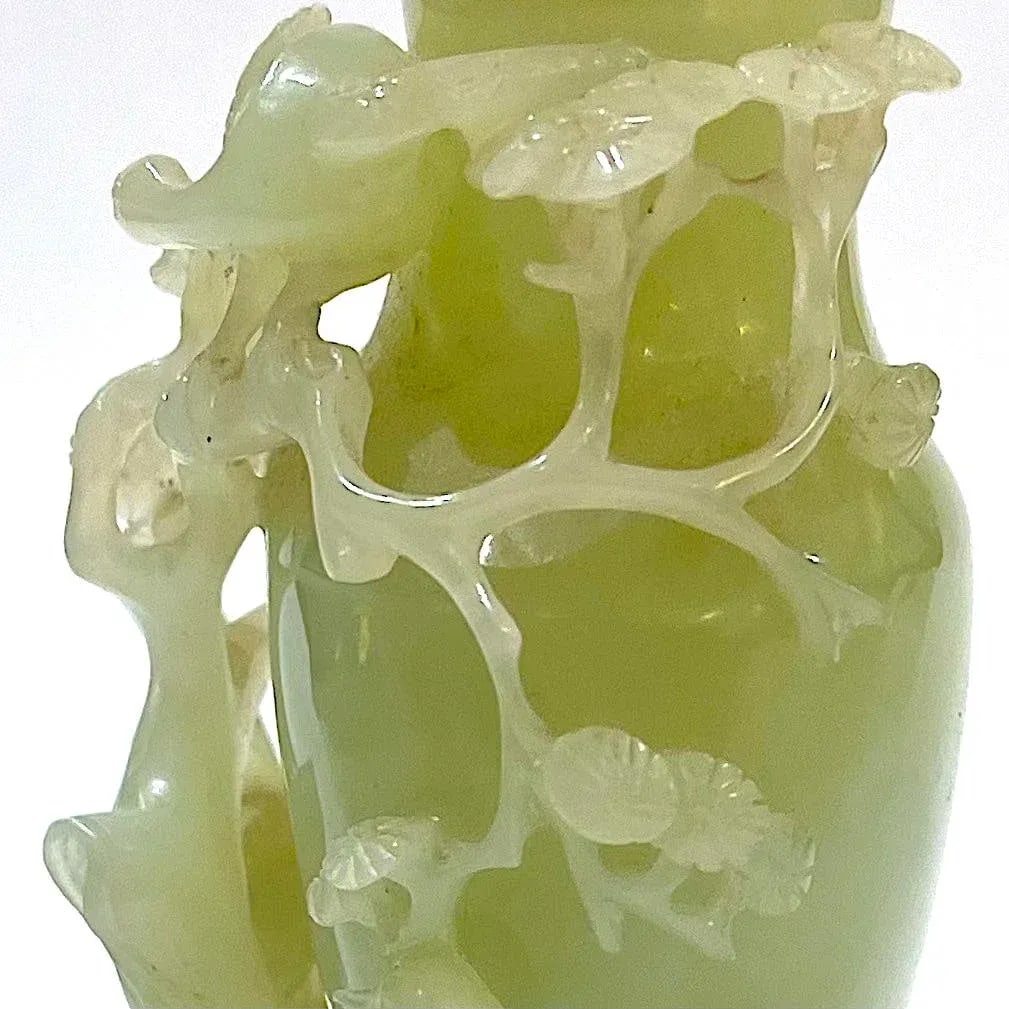 Vintage Carved Chinese Celadon Green Jade Lidded Jar/Vase - Custom Base - Presentation Box - 8