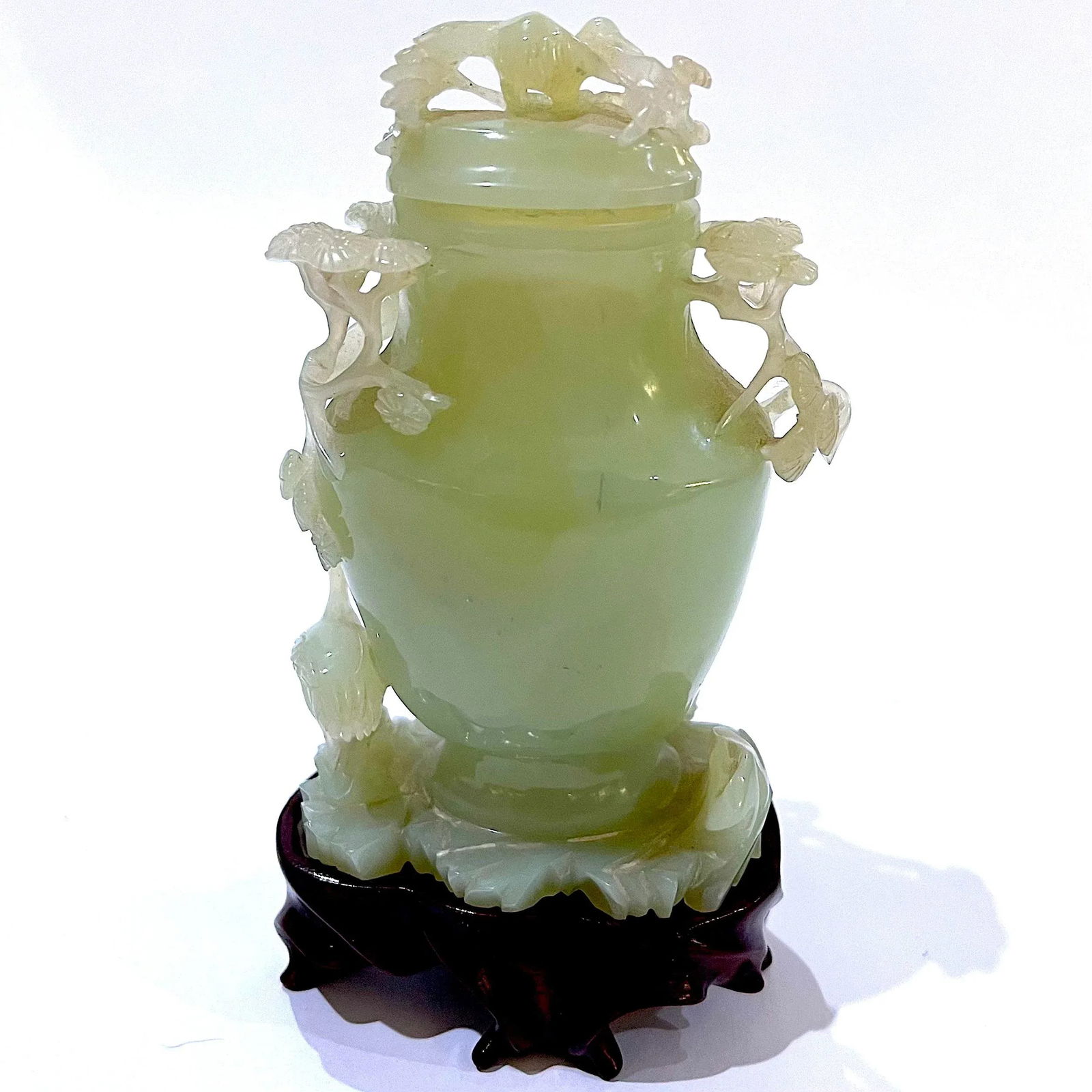 Vintage Carved Chinese Celadon Green Jade Lidded Jar/Vase - Custom Base - Presentation Box - 9