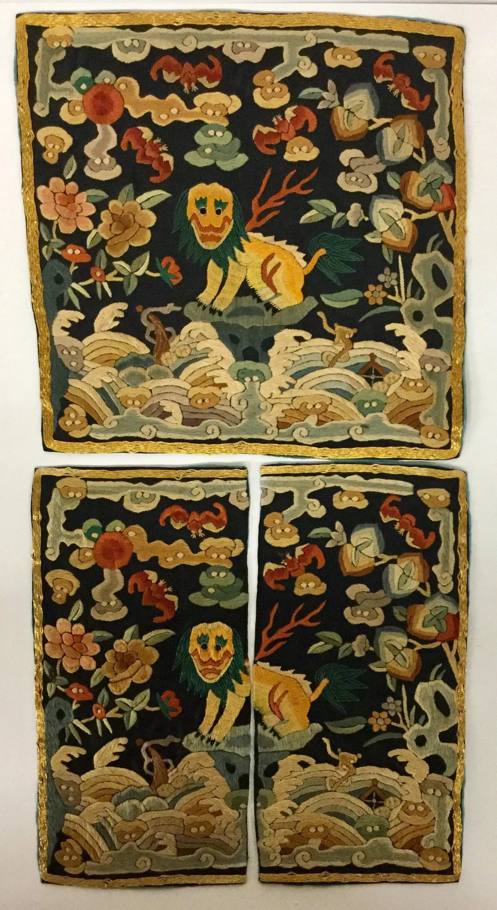 Antique Chinese Hand Embroidered Silk Rank Badges - Set of 3 - 13