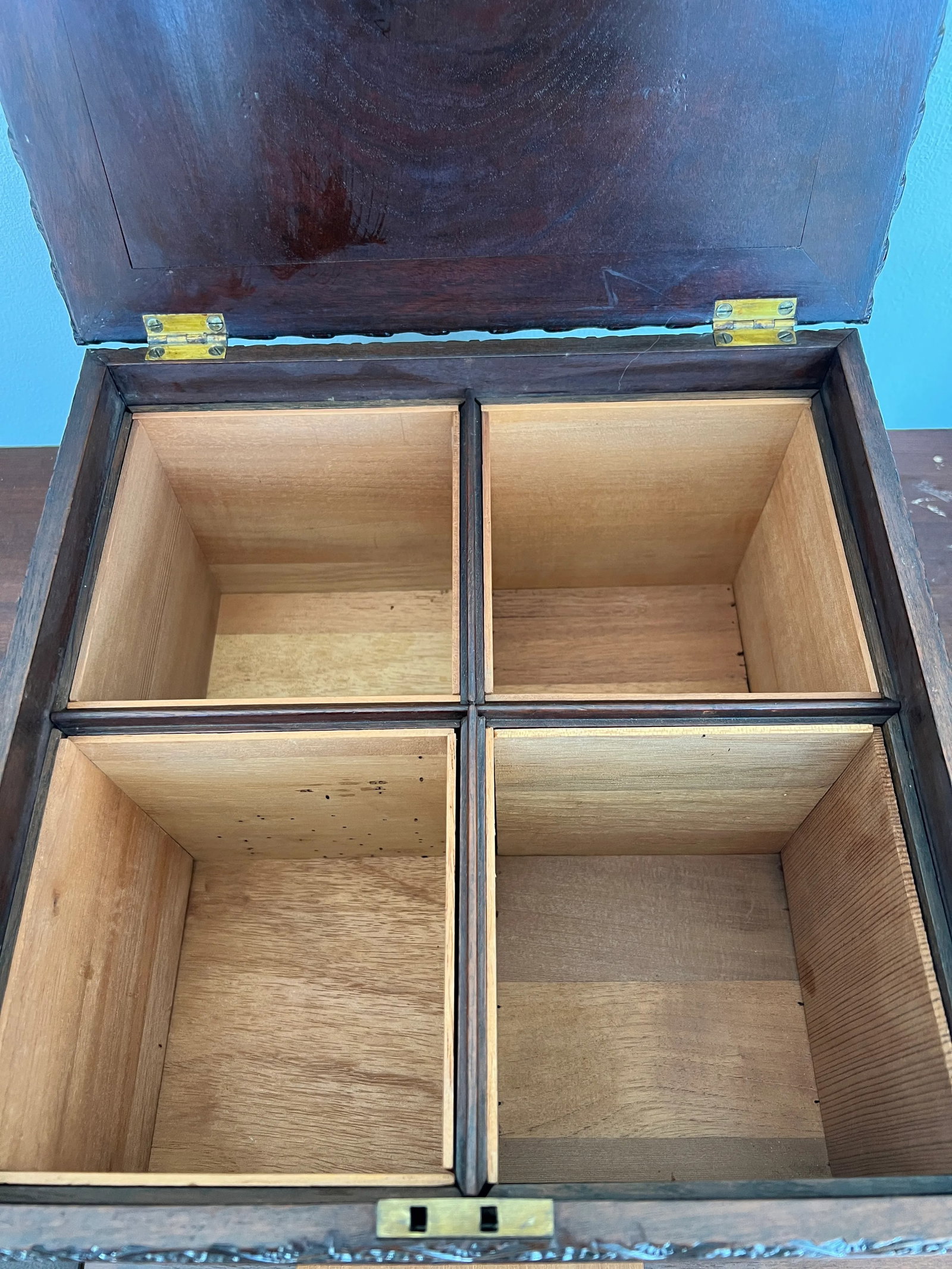 19th Century, Anglo-Indian Hand Carved 4-Section Tea Caddy Inset W/ Tin Manganese Tiles - 10