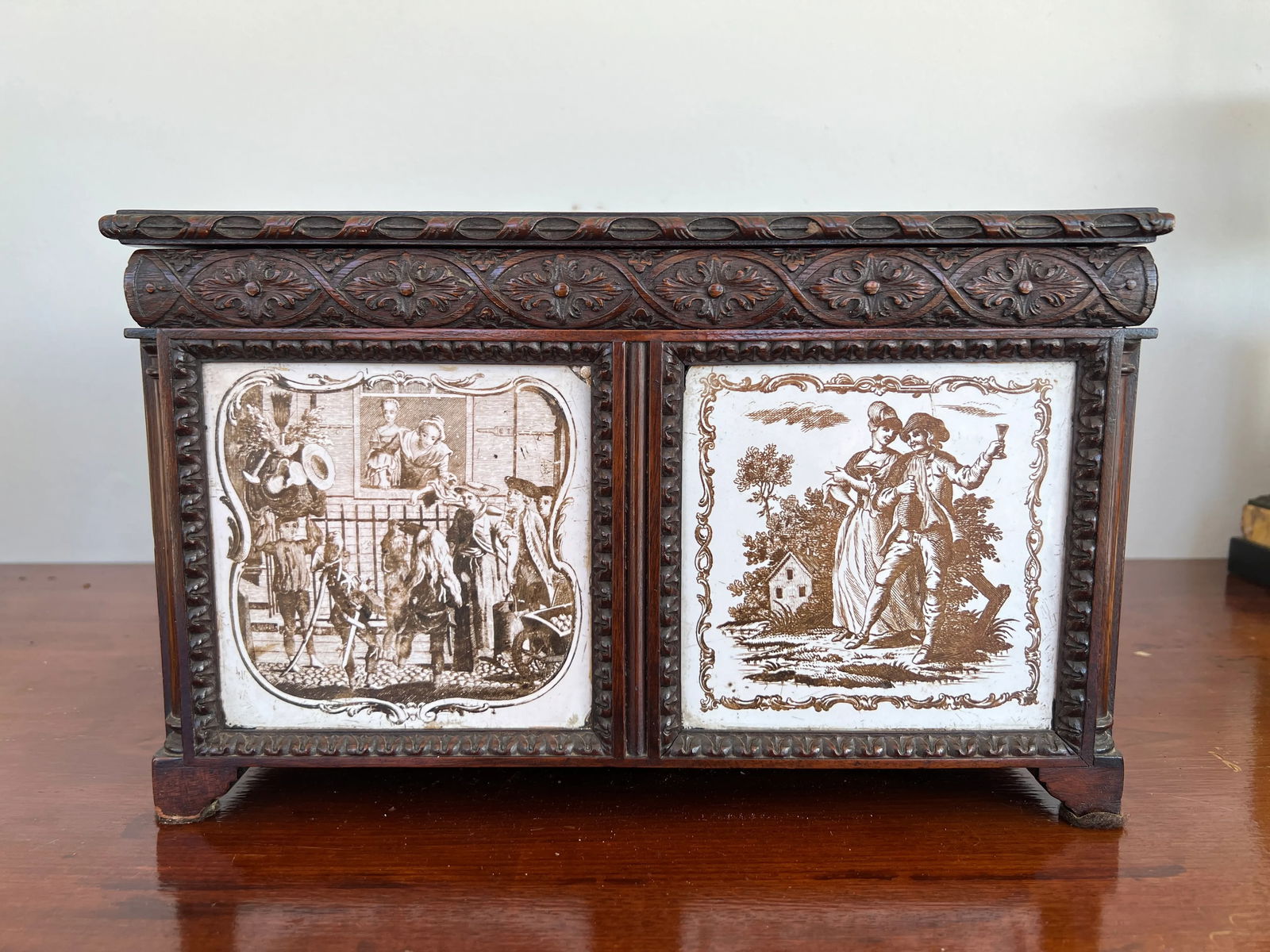 19th Century, Anglo-Indian Hand Carved 4-Section Tea Caddy Inset W/ Tin Manganese Tiles - 2
