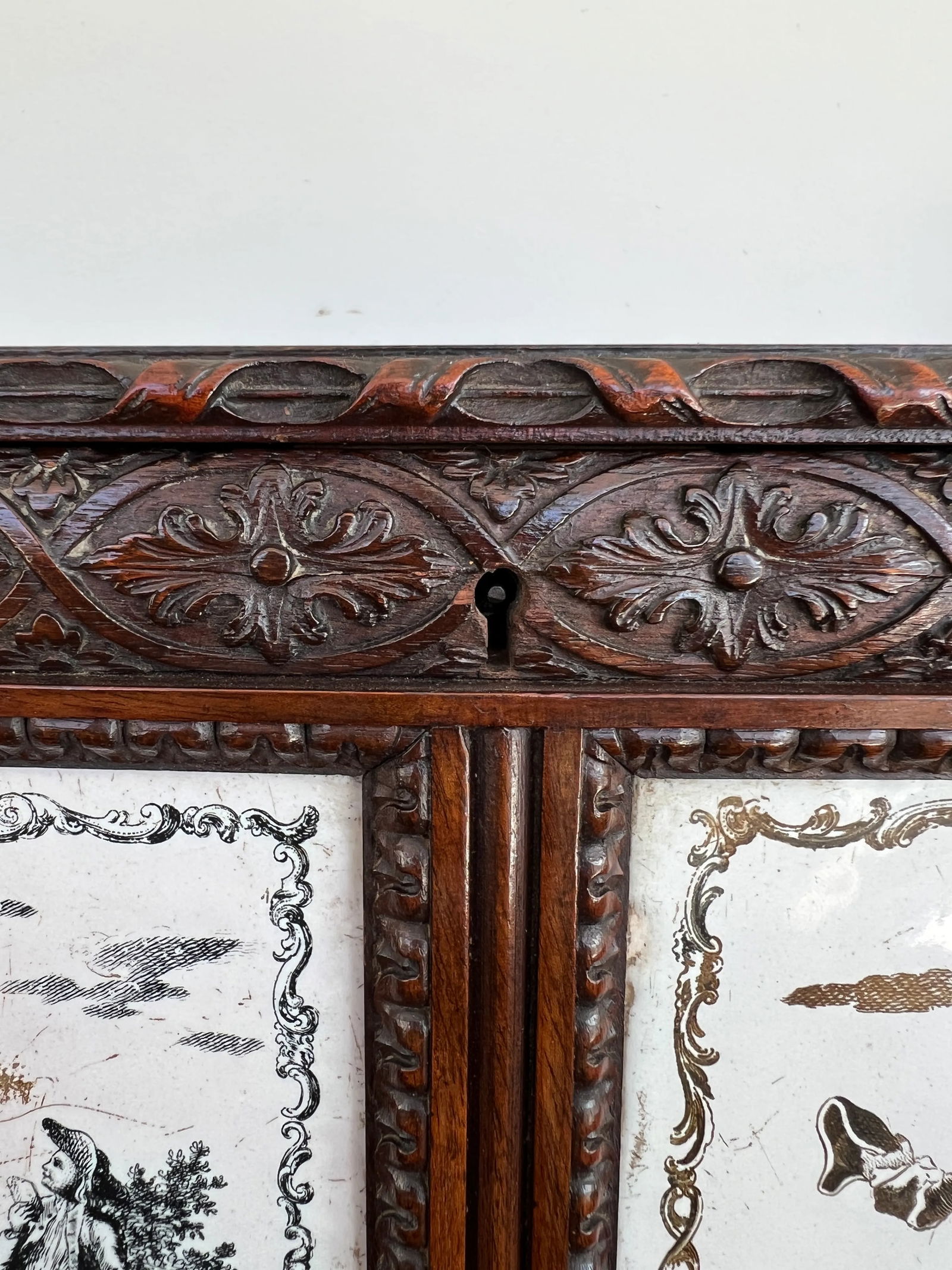 19th Century, Anglo-Indian Hand Carved 4-Section Tea Caddy Inset W/ Tin Manganese Tiles - 7