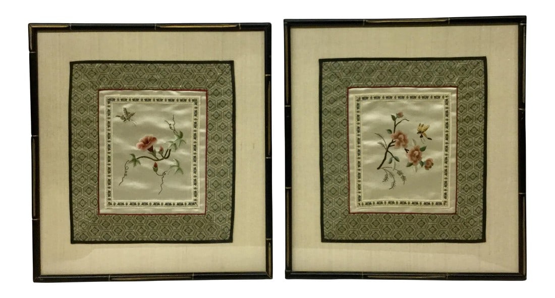 1960s Vintage Framed & Matted Chinese Silk Embroidered Panels- a Pair: A beautiful pair of framed and matted hand embroidered silk panels from the mid 50's. Butterflies and Flowers are the theme. The color of the main photo is closer to the original than the close ups wh