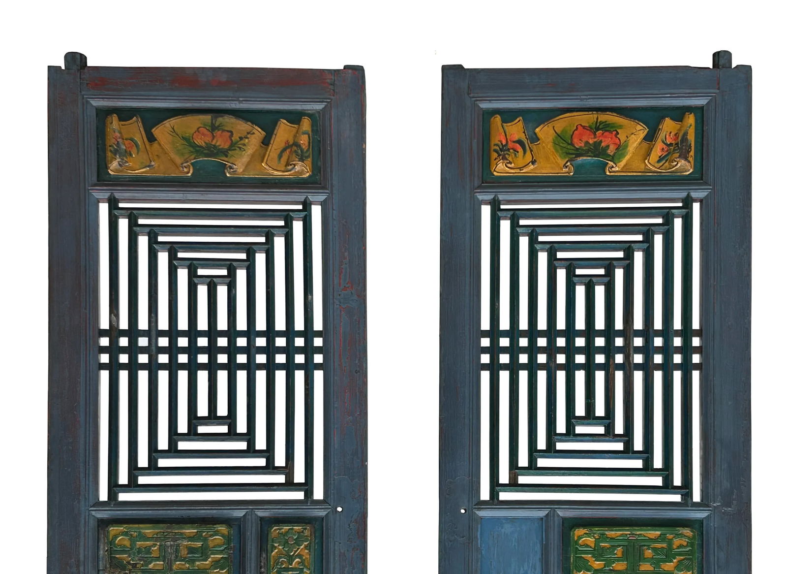 Pair Vintage Chinese Teal Blue Yellow Fujian Style Graphic Wood Wall Door Panels - 2