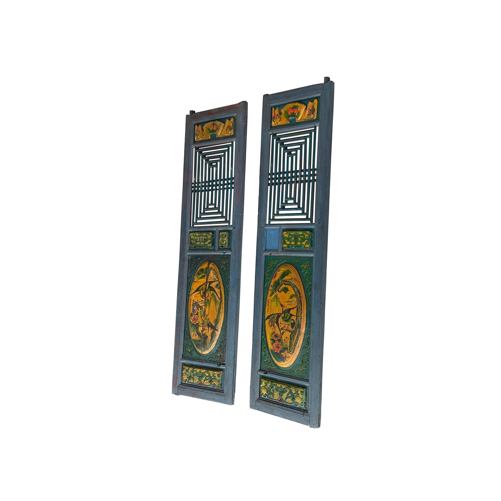 Pair Vintage Chinese Teal Blue Yellow Fujian Style Graphic Wood Wall Door Panels - 4