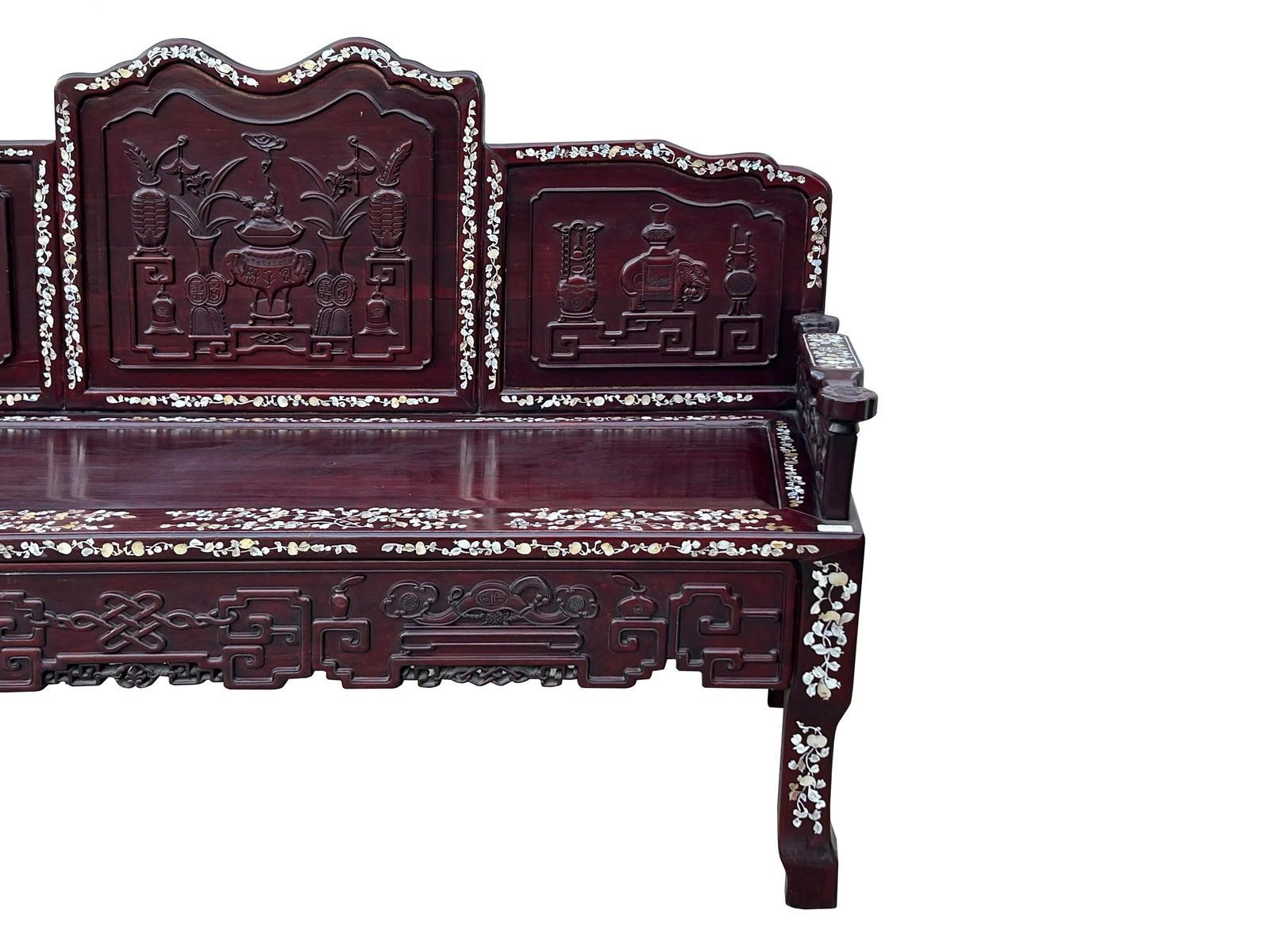 Chinese Red Rosewood & Mother of Pearl Bench - 7