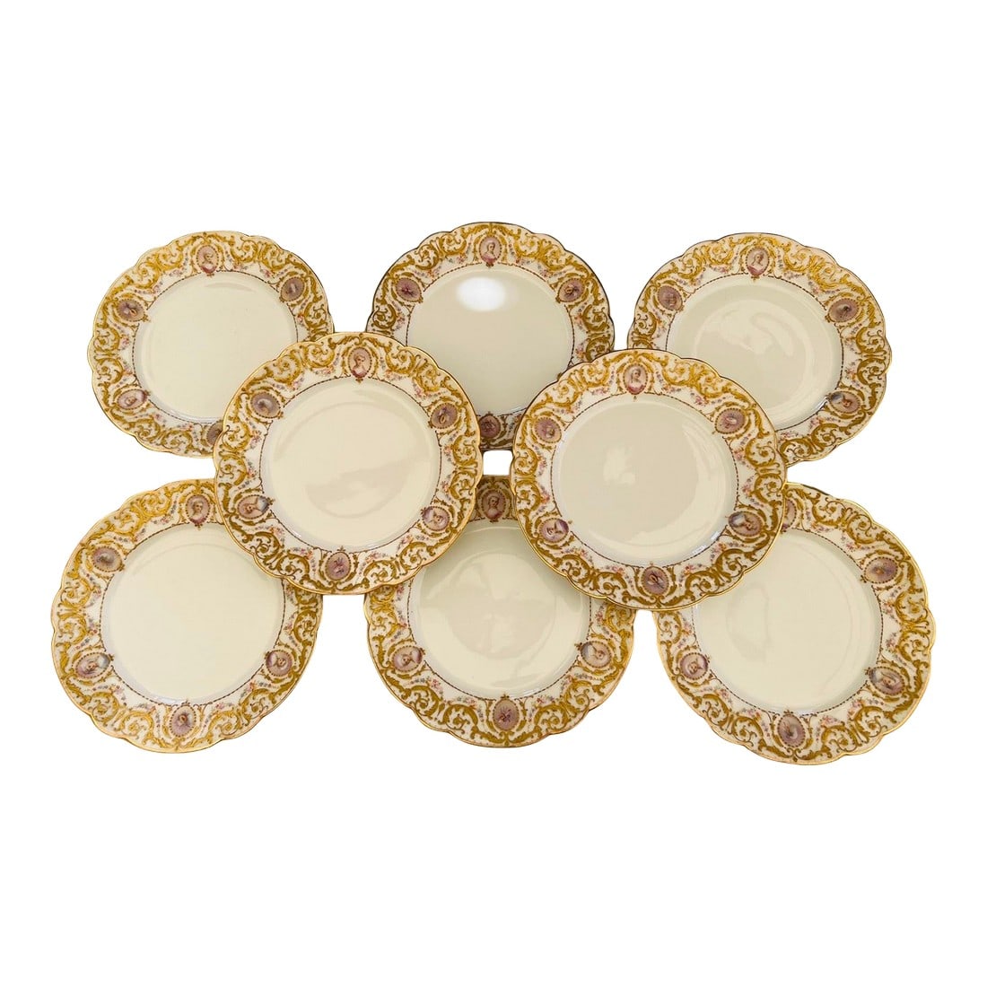 Set of 8, Raphael Weill Hand Enameled "Important Figures" Porcelain Plates 9": French origin, late 19th century and retailed by the great Raphael Weill & Company San Francisco. Each plate is meticulously hand enameled with gold, purple, blue and other polychromed motifs. With th