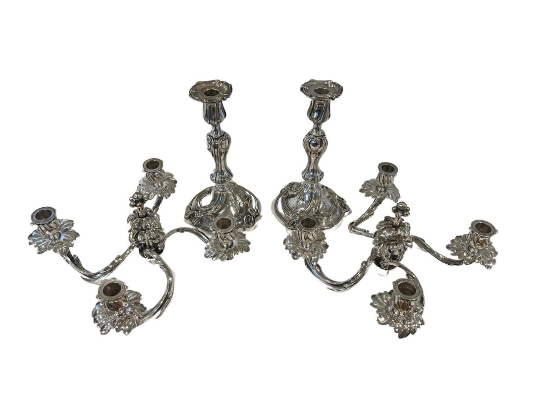 A Pair of French Christofle "Trianon" Silver Plate Candelabra - 9