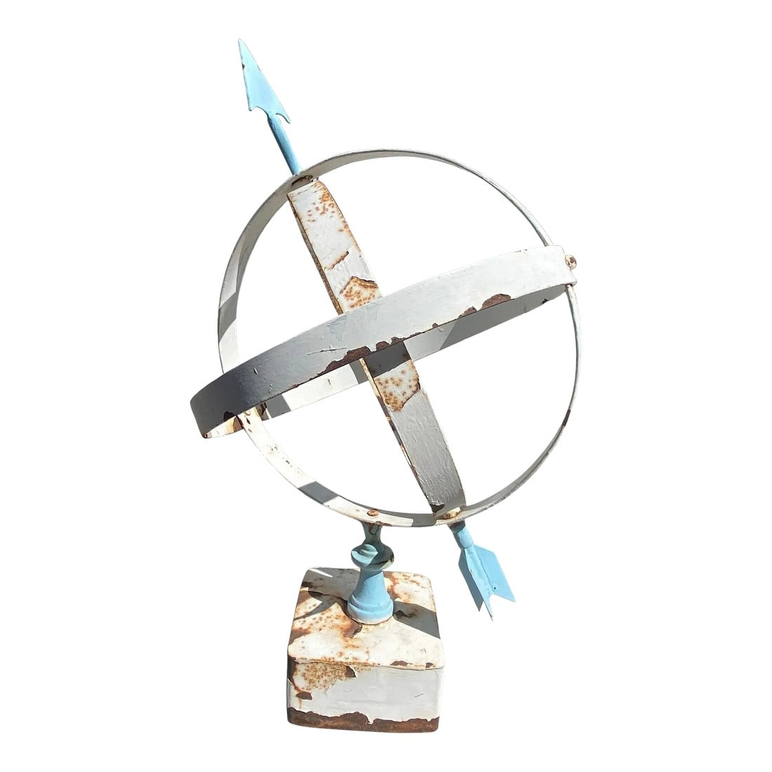 Mid 20th Century Blue & White Painted Metal Armillary: Mid 20th Century Shabby Chic Blue & White Painted Metal Armillary. This charming rustic armillary is a true vintage gem from the mid 20th century. Standing at 25 1/2 inches tall, it features a shabby