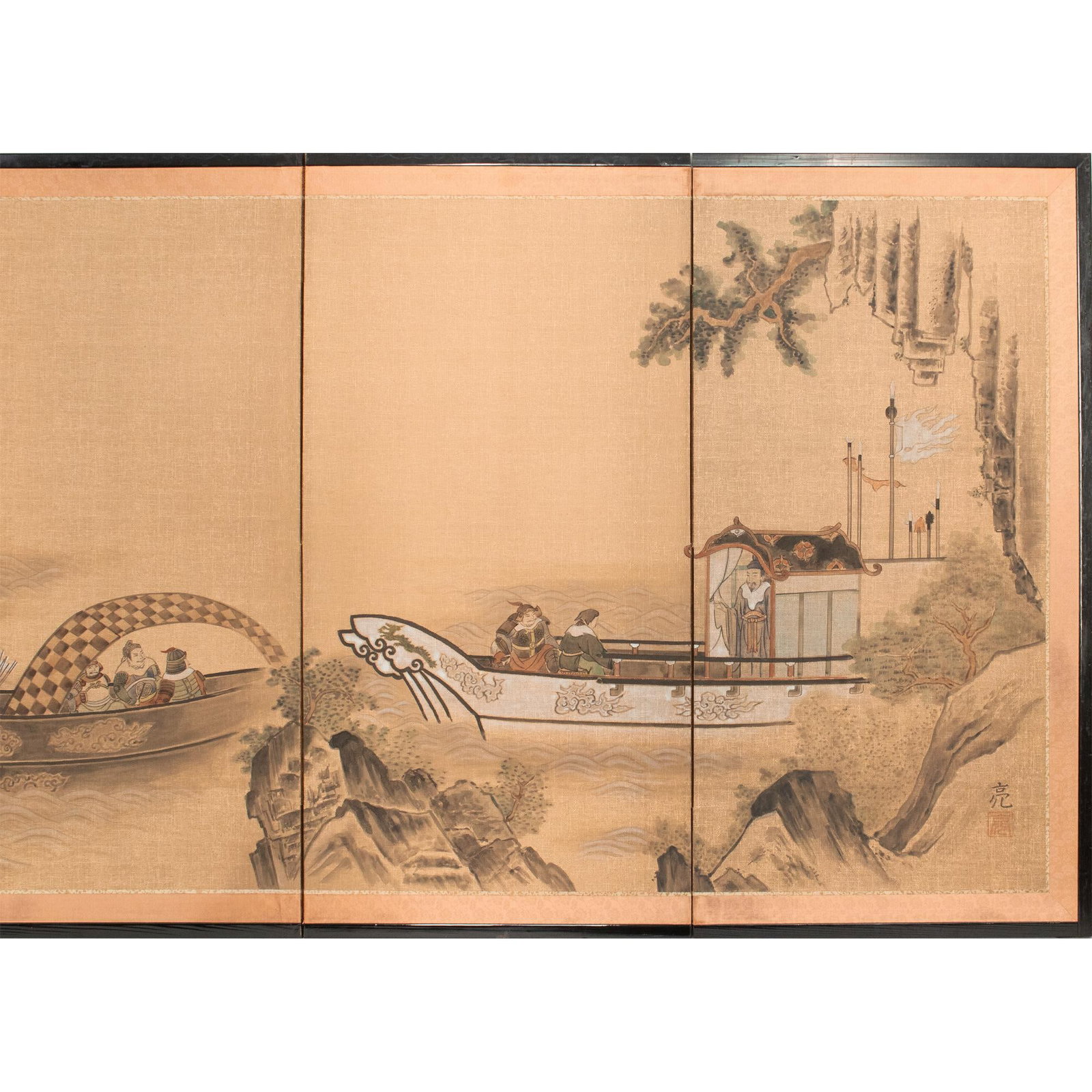 1970s ShÅwa Era Japanese 4-Panel Painted Byobu Screen - 3