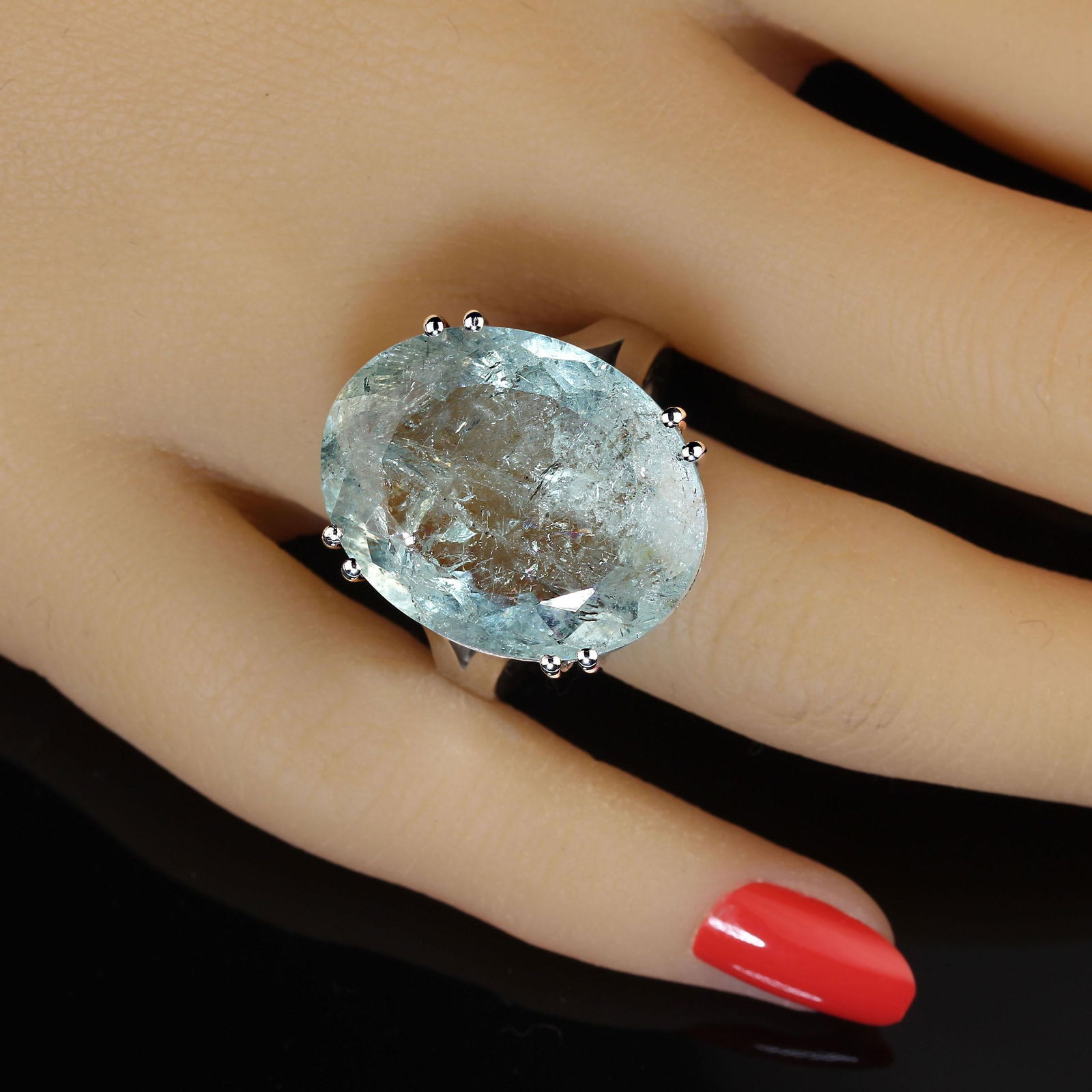 AJD 25 Carat Blue-Green Oval Beryl Set in Sterling Silver Ring Size 8.25 - 2