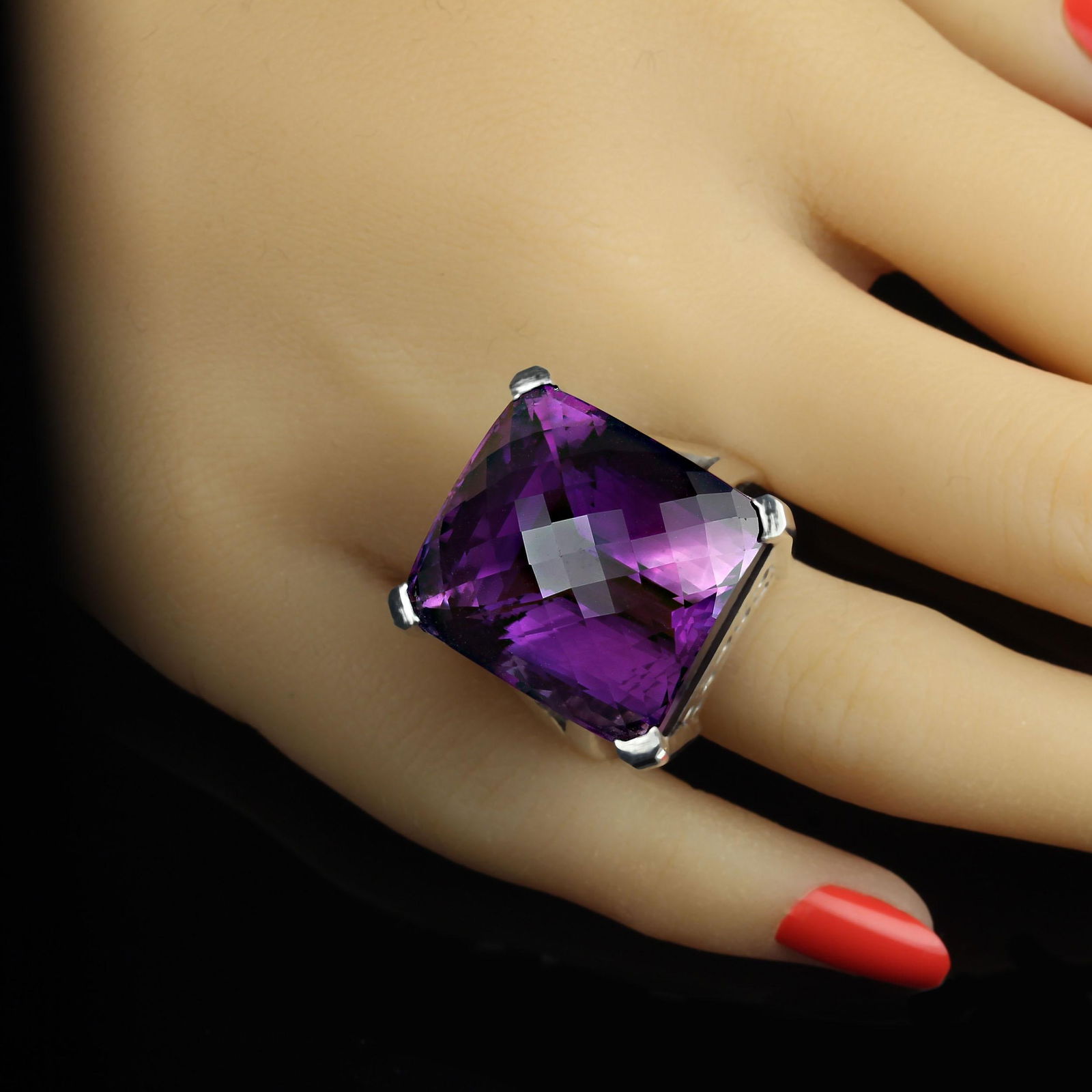 AJD 56Ct Square Awe-Inspiring Amethyst Sterling Silver Ring February Birthstone Size 8.25 - 2