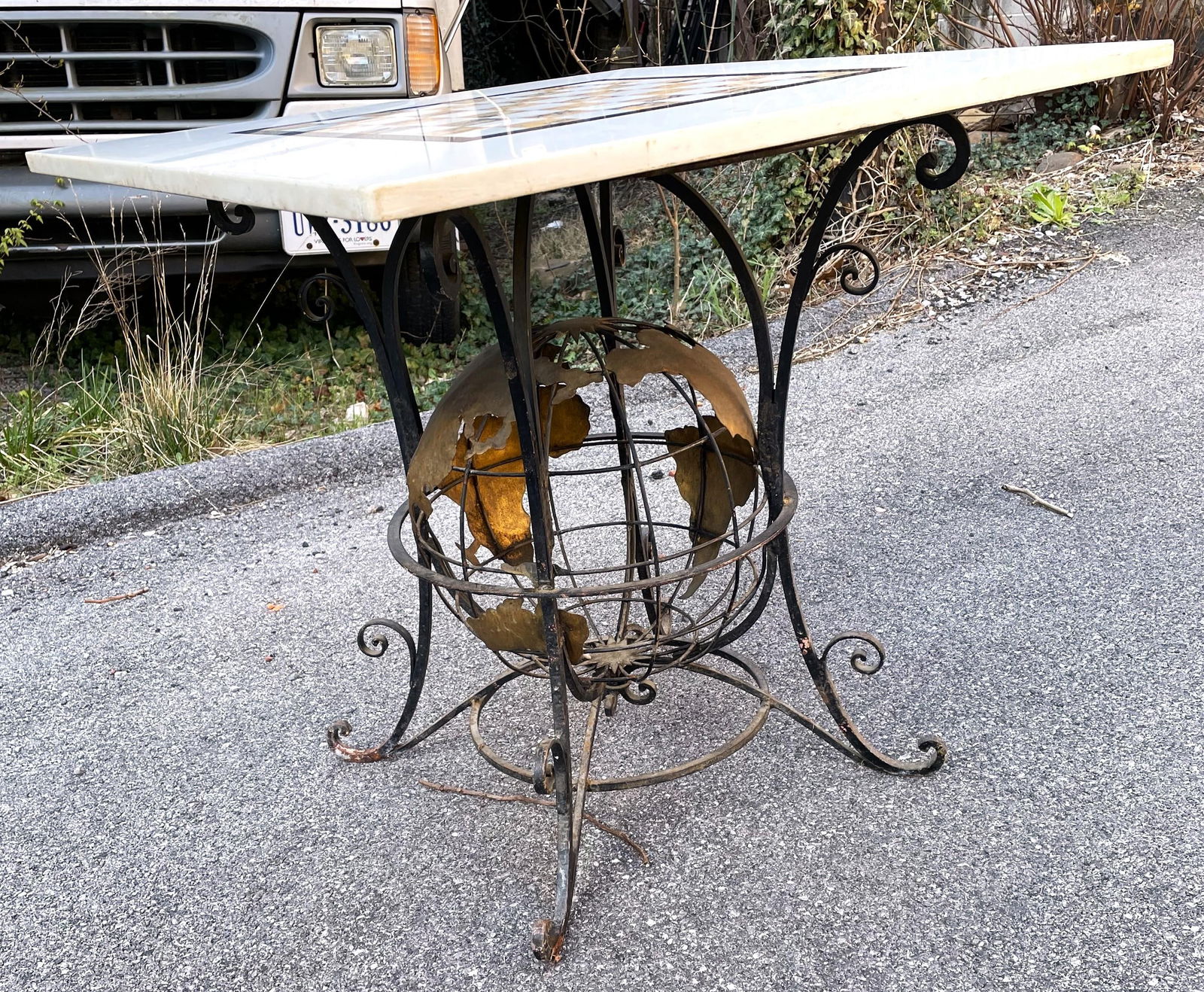 Wrought Iron World Globe Centered Table W/ Inlaid Marble Chess Board Top - 2