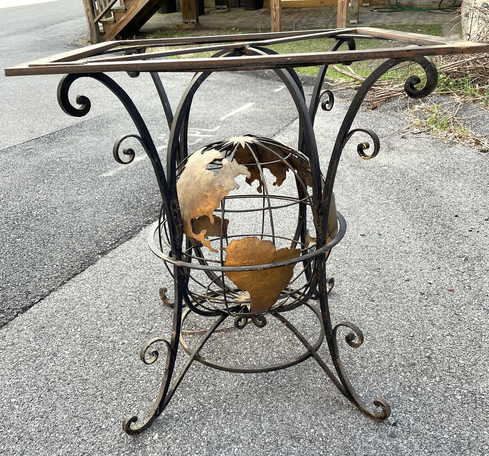 Wrought Iron World Globe Centered Table W/ Inlaid Marble Chess Board Top - 4