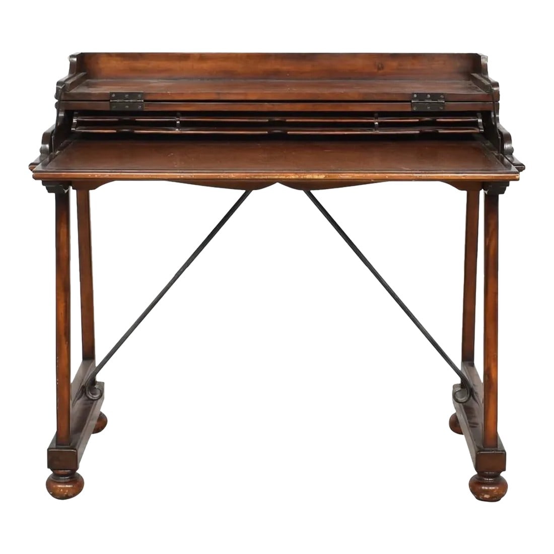 Theodore Alexander Reception/Writing Desk: Theodore Alexander flip top campaign style reception or writing desk, 41" wide, 34" tall, 24" deep. Beautiful rich wood with brass detail along each edge of the writing valet which can be unscrewed fr