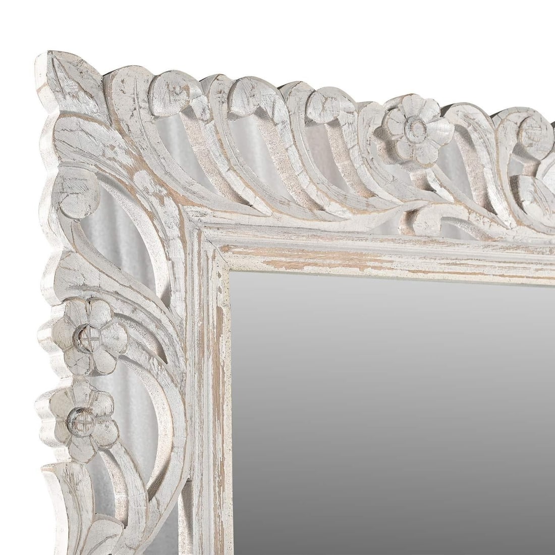 1990s Farmhouse Style Wooden Carved Lattice Distressed White Tall Mirror on Stand - 3