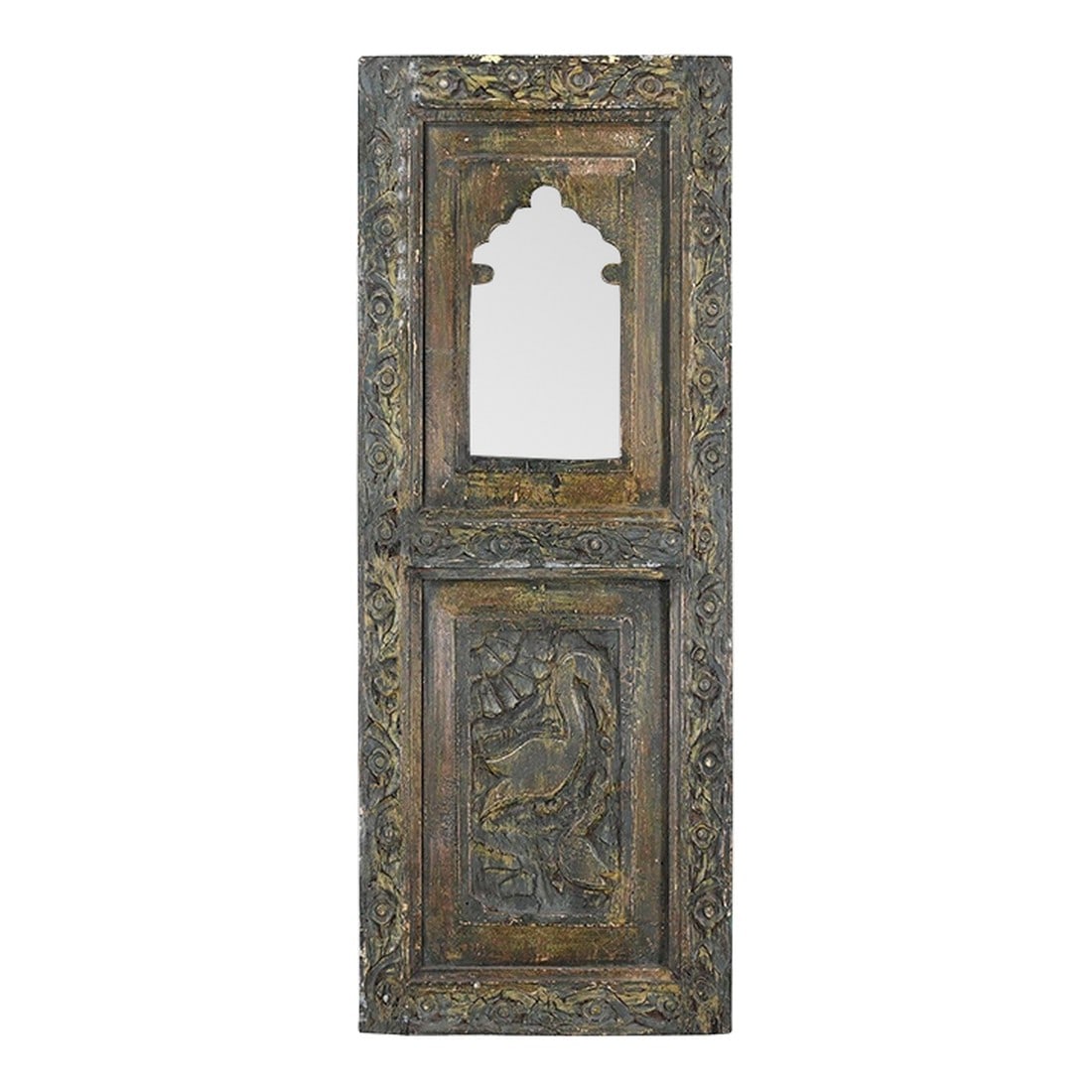 1990s Farmhouse Style Hand Carved Window With Mirror Wall Panel: Dimensions: 15" W X 2" D X 39" H Features: "• 100% solid wood panel "• Vintage panel from India "• Entirely handmade by expert artisans "• Mirror accent in arch "• Hand-d