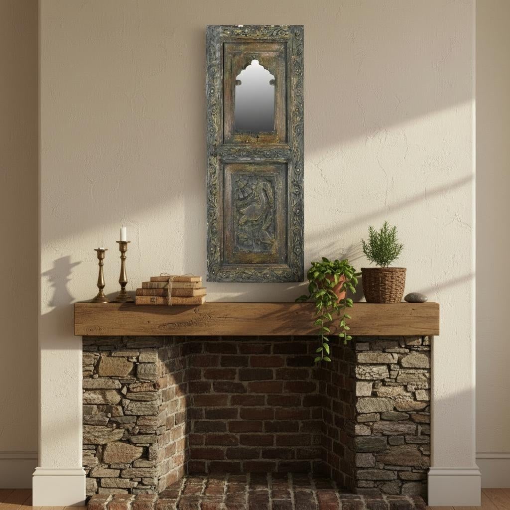 1990s Farmhouse Style Hand Carved Window With Mirror Wall Panel - 2