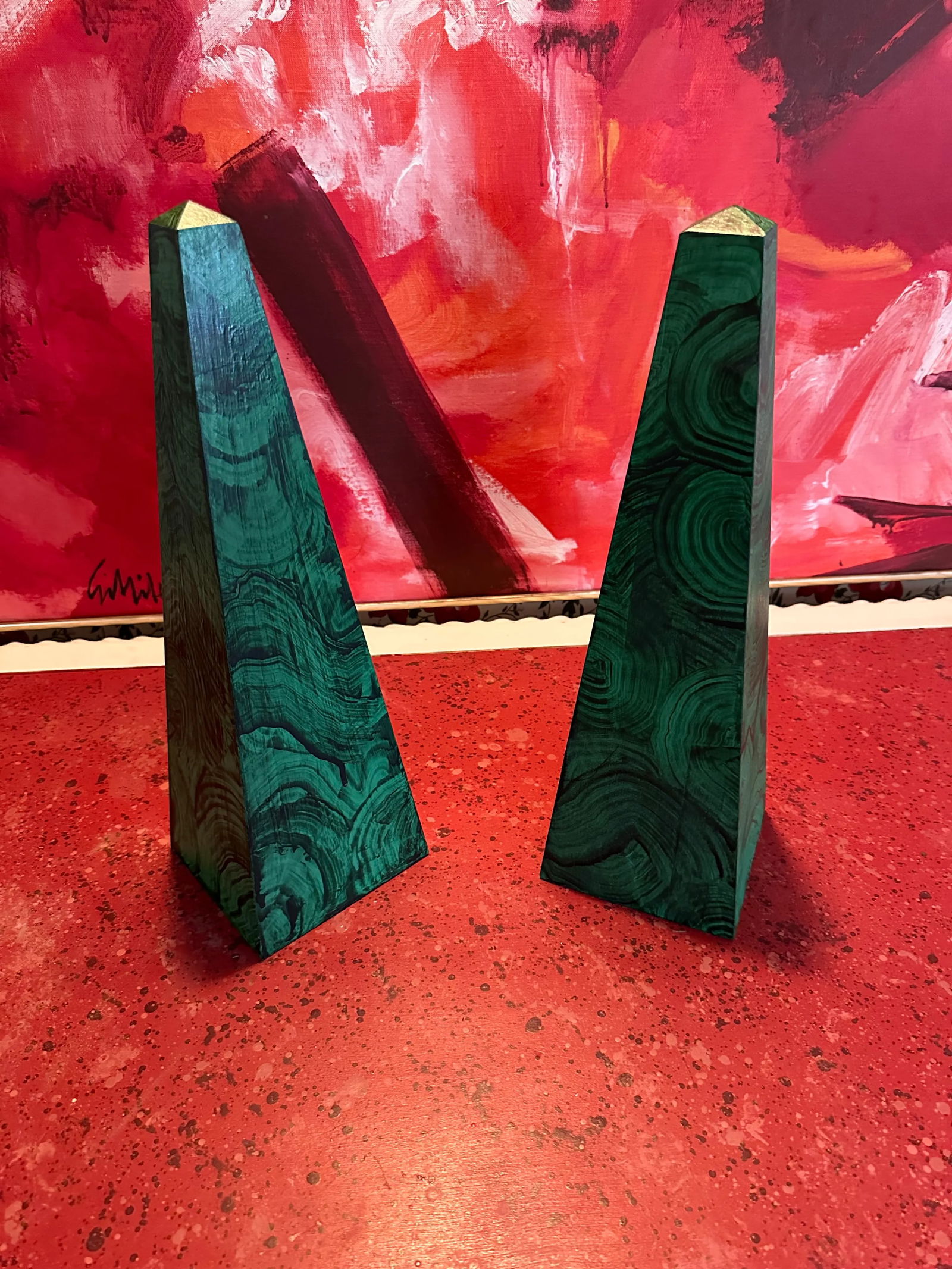 A Pair of Irwin and Lane Hand Painted and Hand Made Faux Malachite Obelisks - 7