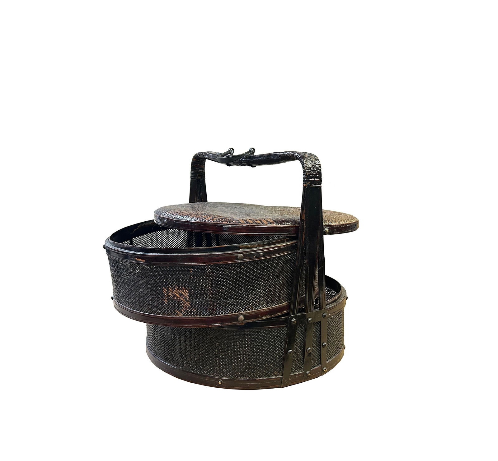 Large Vintage Oriental Handmade Brown Rattan Stack Basket With Handle - 3