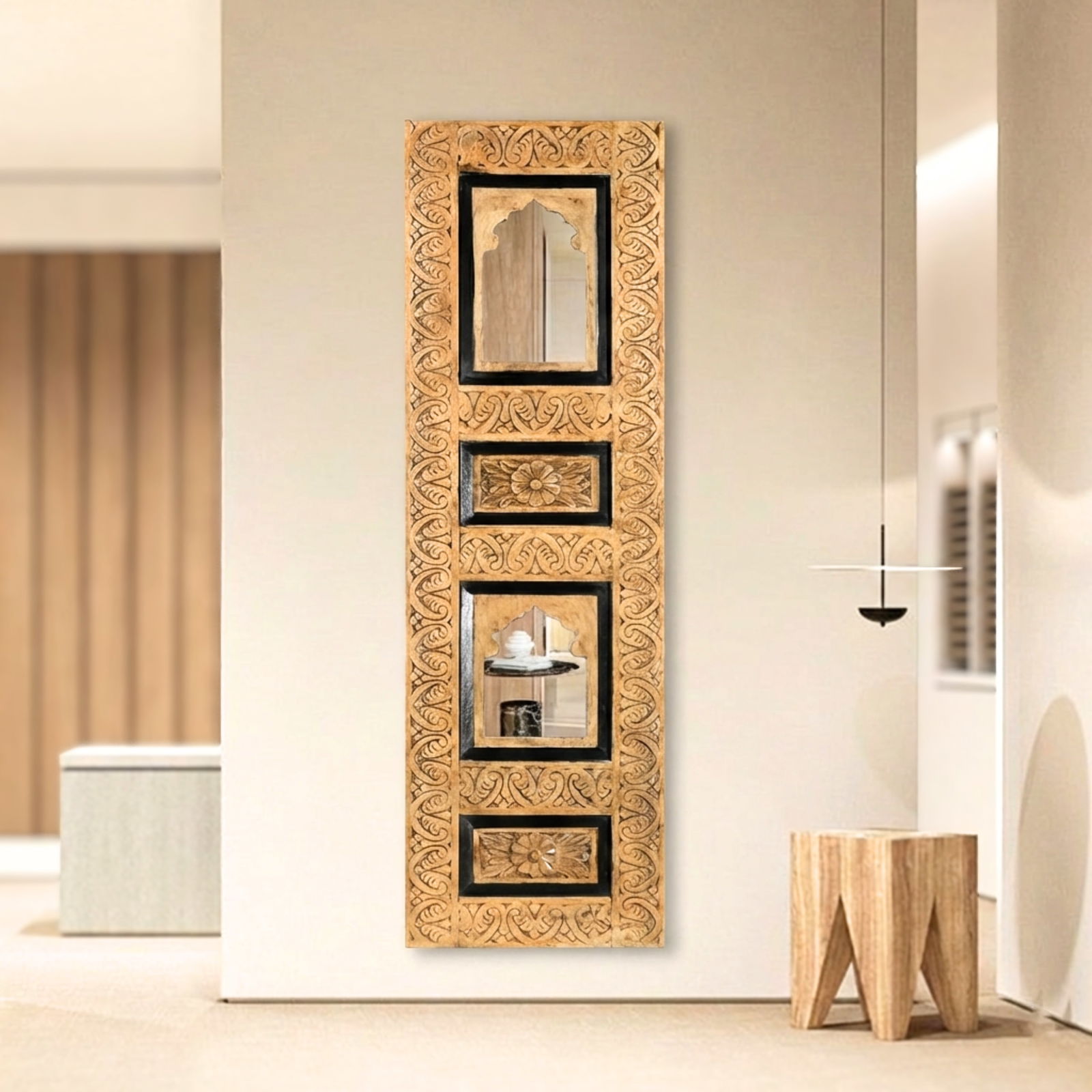 1990s Mediterranean Style Hand Carved Arch Wooden Panel With Mirror - 2