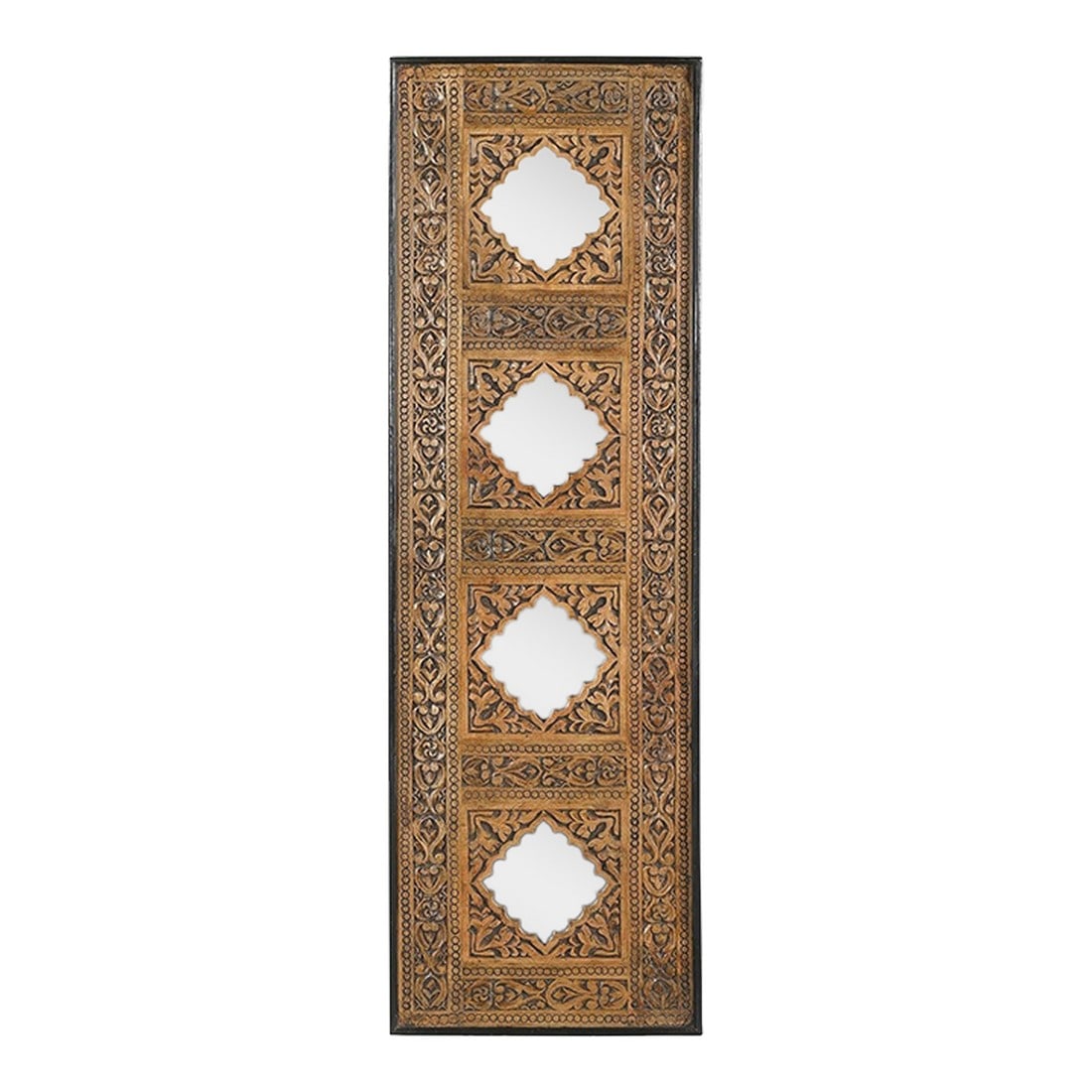 Hand Carved Vintage Panel Accented With Mirrors Ornate Wall Hanging Panel: Dimensions: 20" W X 2" D X 61" H Features: "• 100% solid wood wall panel "• Hand carved by expert artisans "• Mango wood frame "• Mirror accents "• Two tone finish "̶