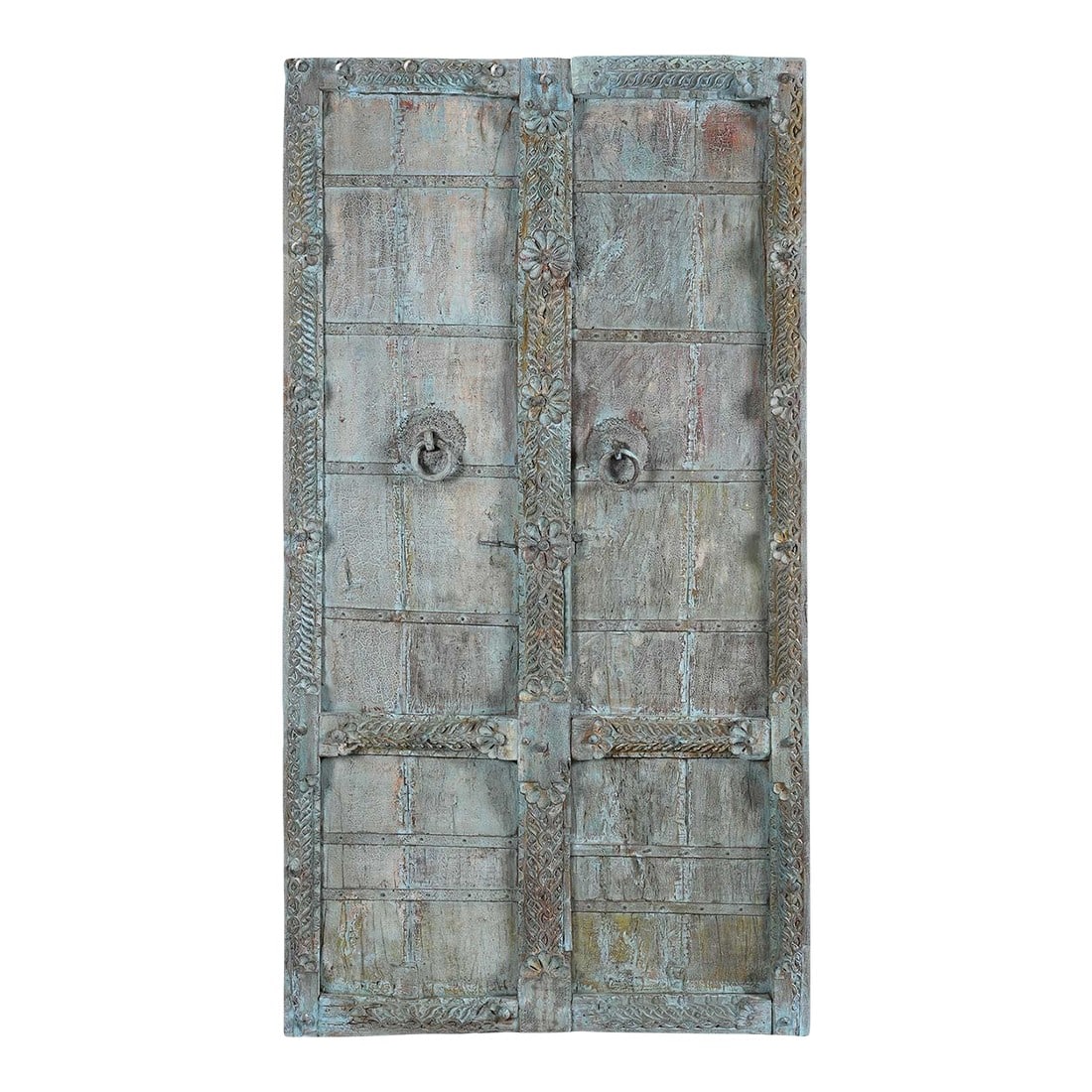 Early 1900s Hand Carved Antique Indian Door With Distressed Blue Patina: Dimensions: 38" W X 3" D X 72" H Features: "• 100% solid teak wood "• Antique door from India "• Entirely handmade by expert artisans "• Distresaed blue patina "• Farmhou